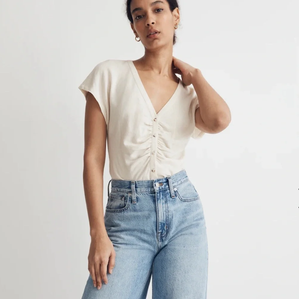 Madewell Linen-Blend Ruched Button-Front Top Size Large NWT $82 - Picture 1 of 6